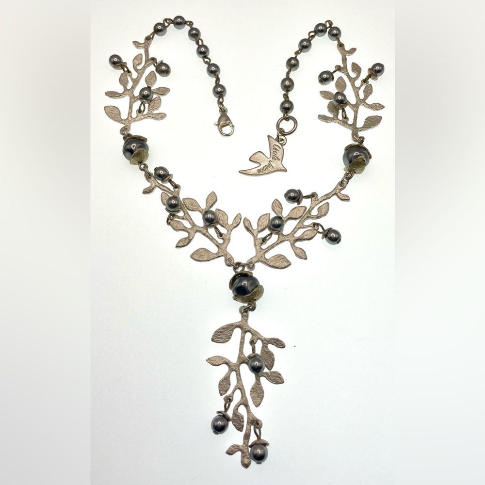 Signed Cecile Jeanne Paris Silver Tone Floral Design Faux Pearl Necklace